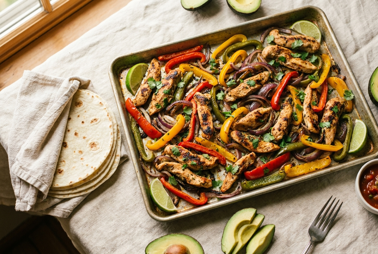 Sheet pan chicken fajitas — charred chicken strips with roasted bell peppers and onions on one pan, an easy healthy dinner recipe