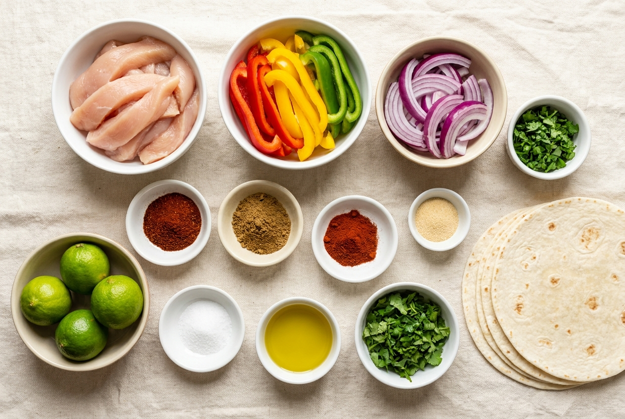 Ingredients for sheet pan chicken fajitas portioned into small bowls — chicken strips, tricolor bell peppers, red onion, fajita spices, olive oil, limes, cilantro and tortillas