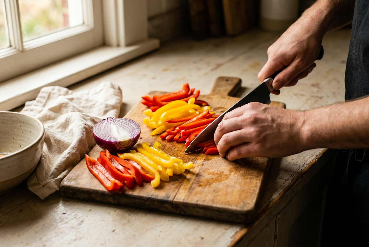 Slicing red and yellow bell peppers and red onion into thin strips for chicken fajitas