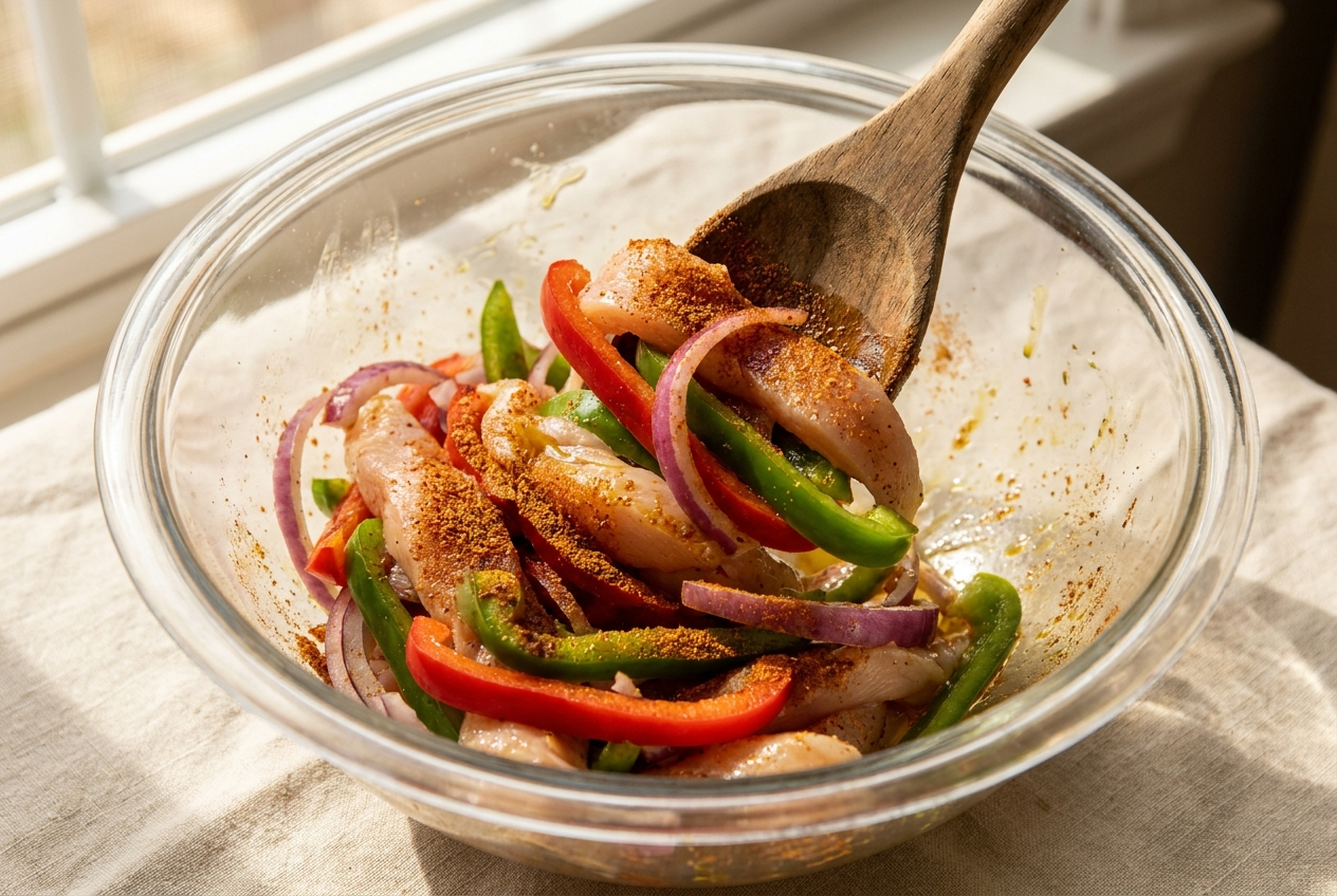 Tossing chicken strips, peppers and onions with olive oil and fajita seasoning in a large mixing bowl