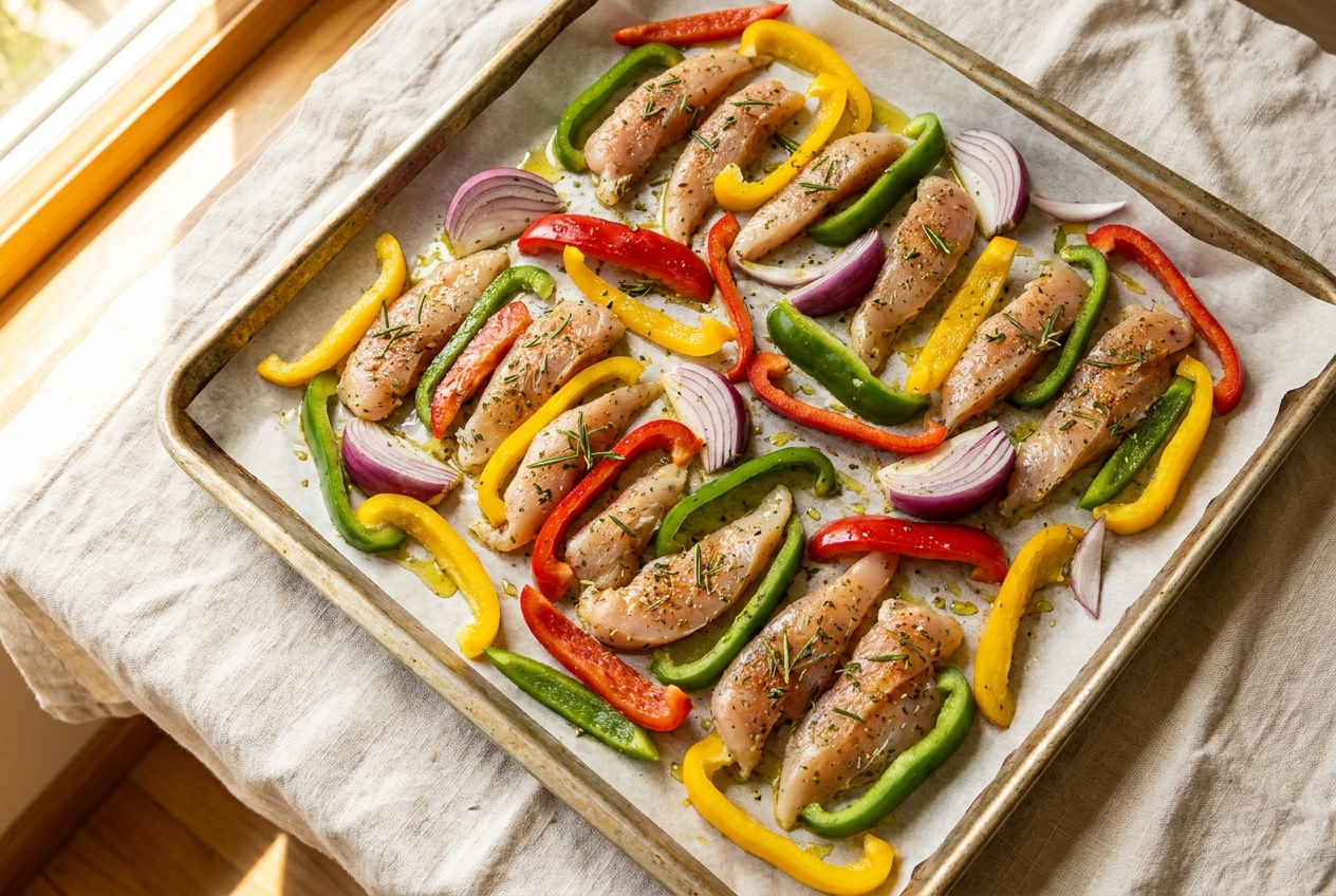 Seasoned chicken and vegetables spread in a single layer on a sheet pan before roasting