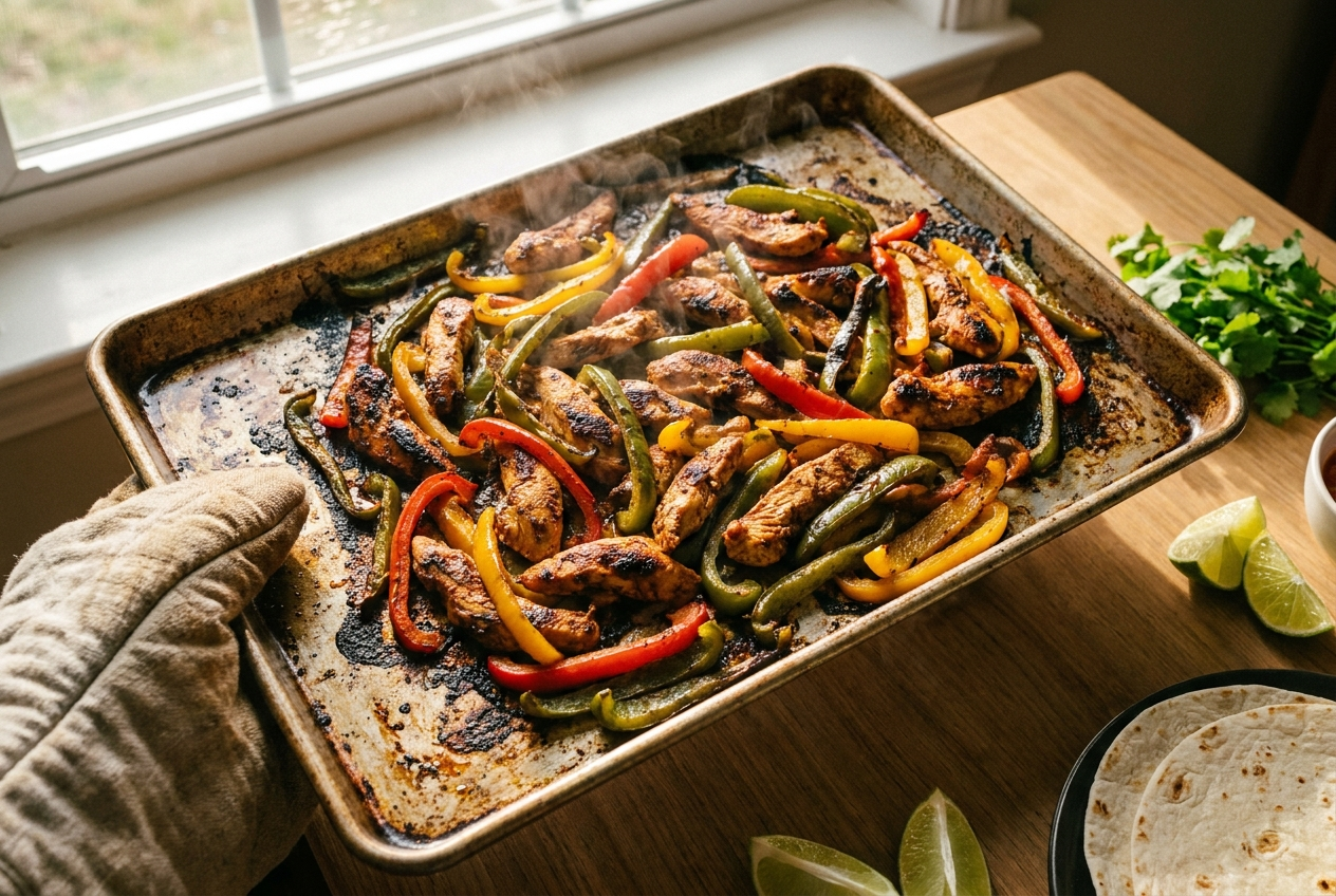 Sheet pan of chicken fajitas fresh from the oven with charred caramelized edges