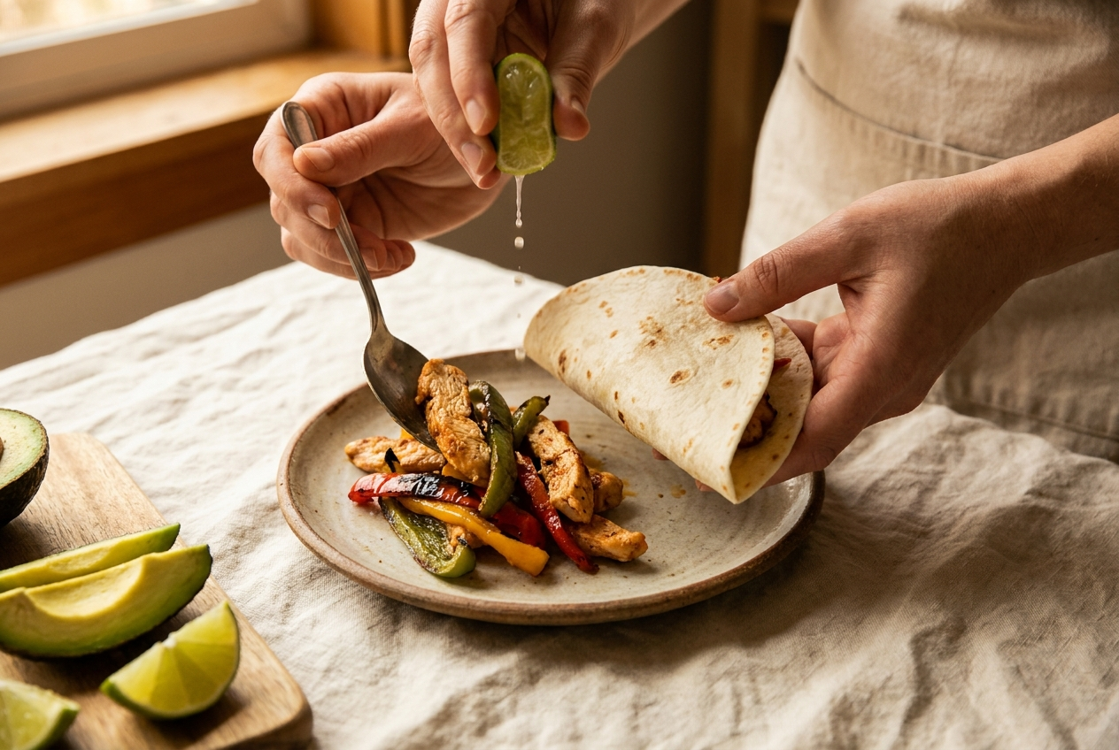 Assembling a chicken fajita in a warm flour tortilla with roasted peppers, avocado and lime