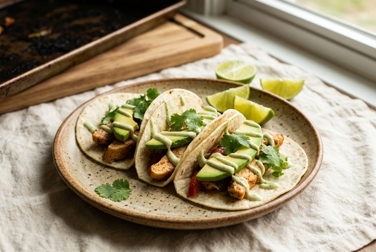 Three assembled sheet pan chicken fajitas on a plate topped with avocado, cilantro and lime crema