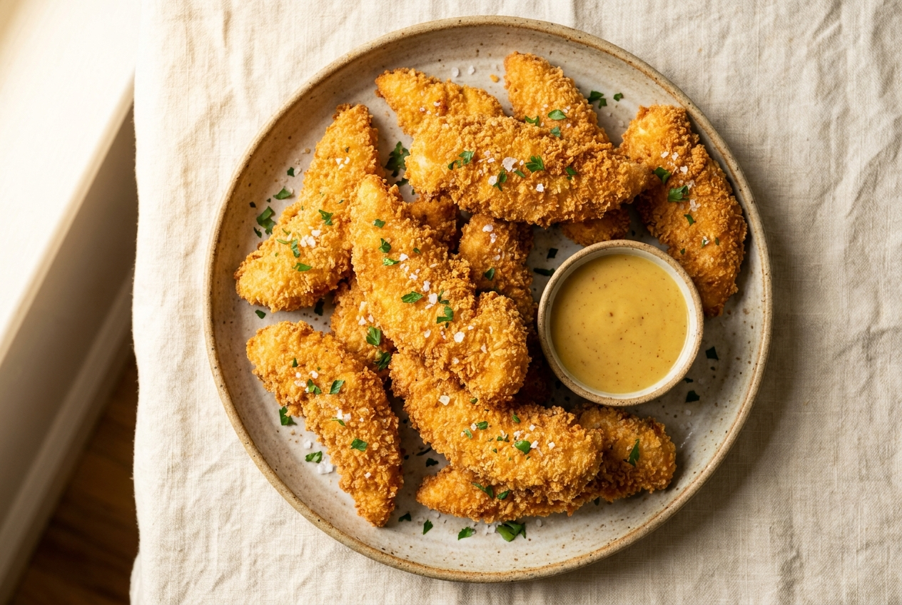 Air fryer chicken tenders — crispy golden panko-crusted tenders on a platter with honey mustard dipping sauce