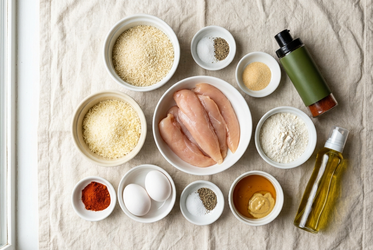 Ingredients for air fryer chicken tenders portioned into small bowls — chicken tenderloins, panko breadcrumbs, parmesan, flour, eggs, spices, olive oil spray, honey and dijon mustard