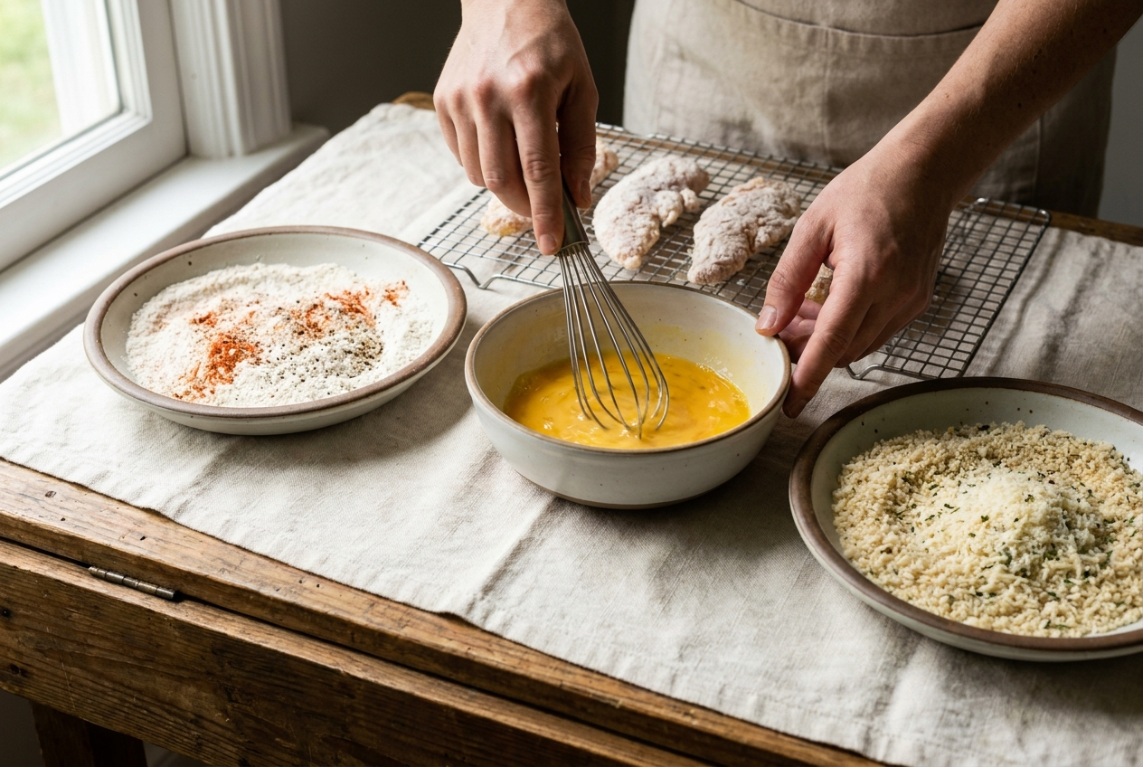 Three-station breading setup for air fryer chicken tenders — seasoned flour, whisked egg, and panko parmesan in shallow dishes