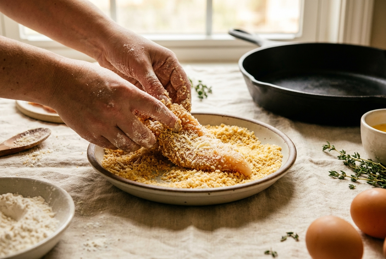 Pressing a chicken tenderloin into panko parmesan breadcrumb coating