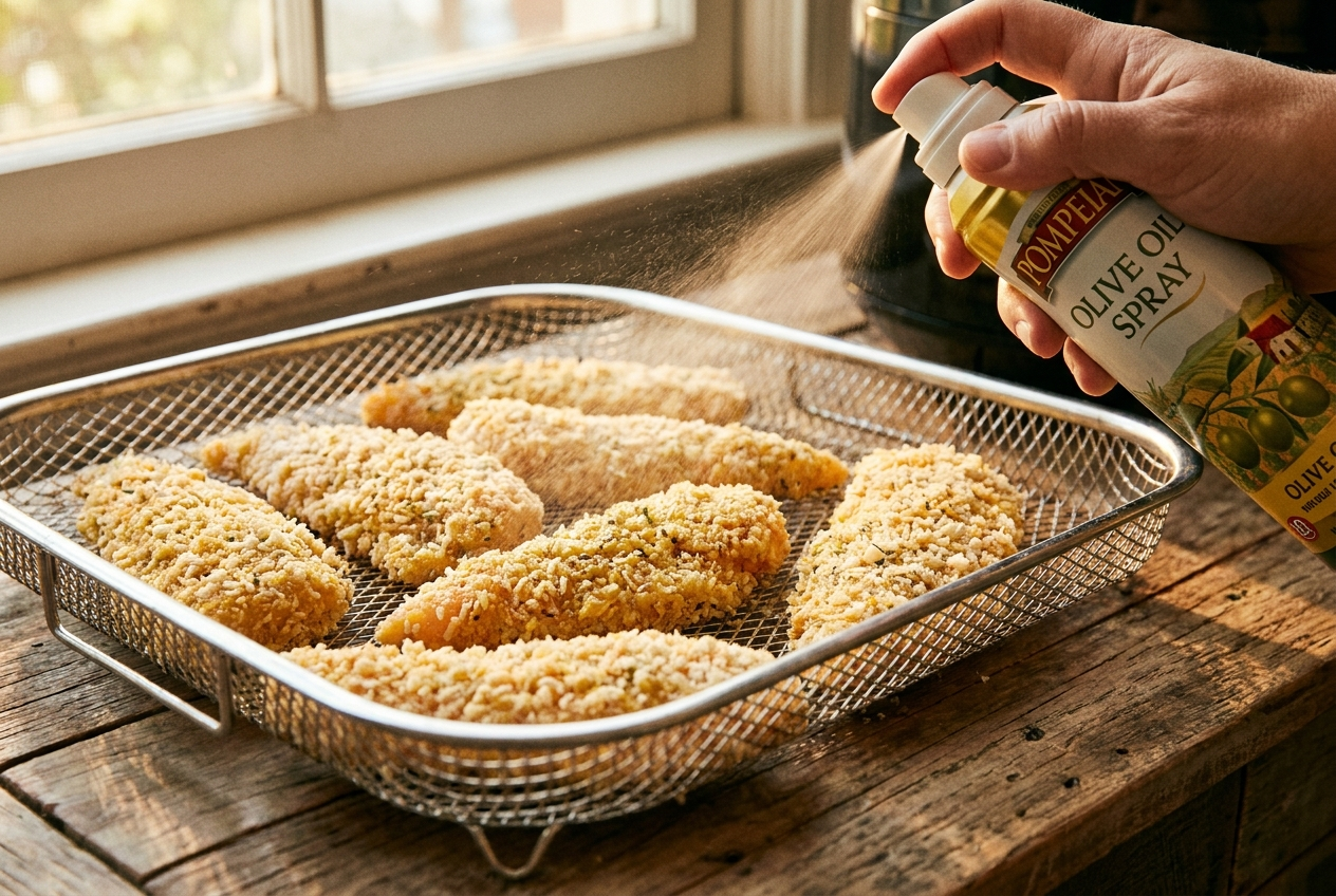 Breaded chicken tenders in a single layer in an air fryer basket being sprayed with olive oil