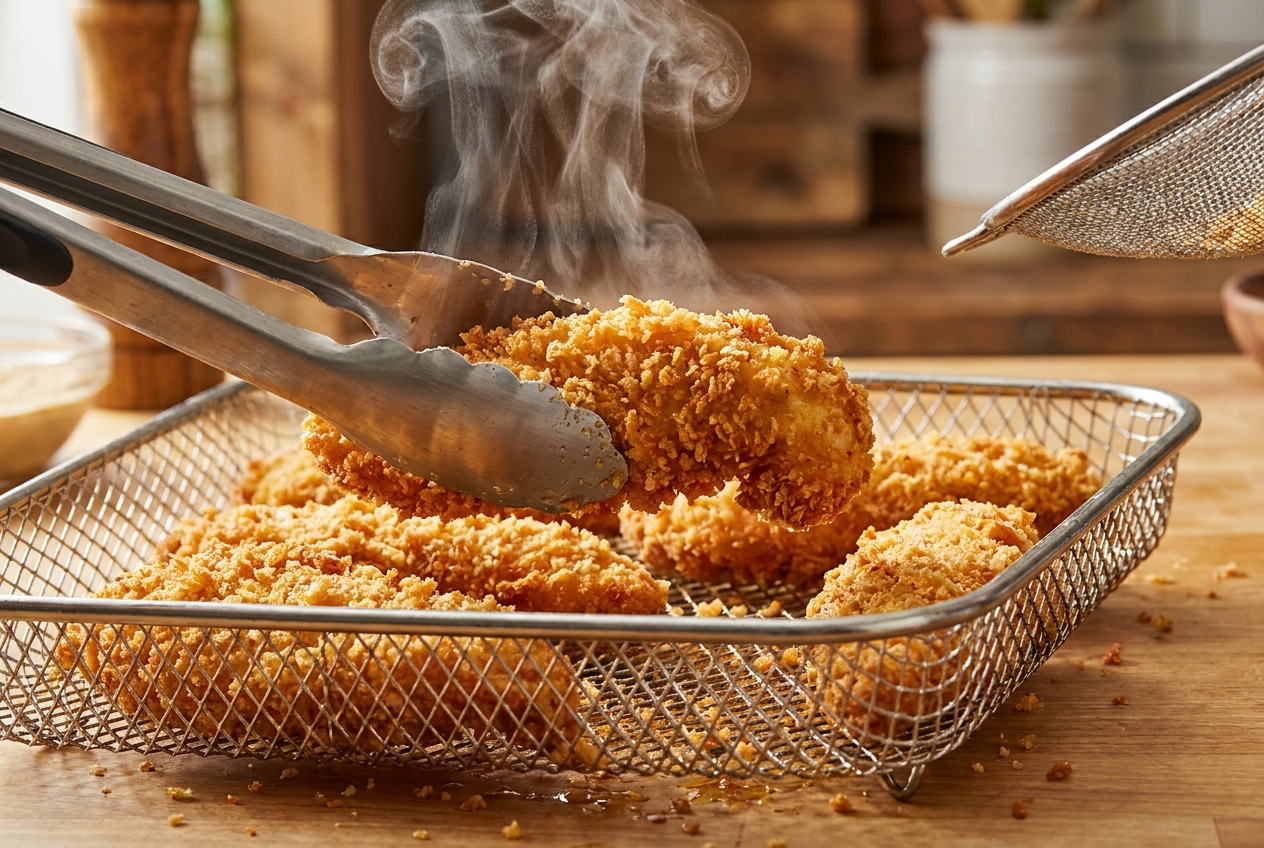 Golden crispy chicken tenders being flipped with tongs in an air fryer basket