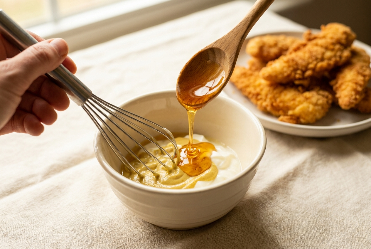 Whisking honey mustard dipping sauce with honey drizzling into dijon and Greek yogurt