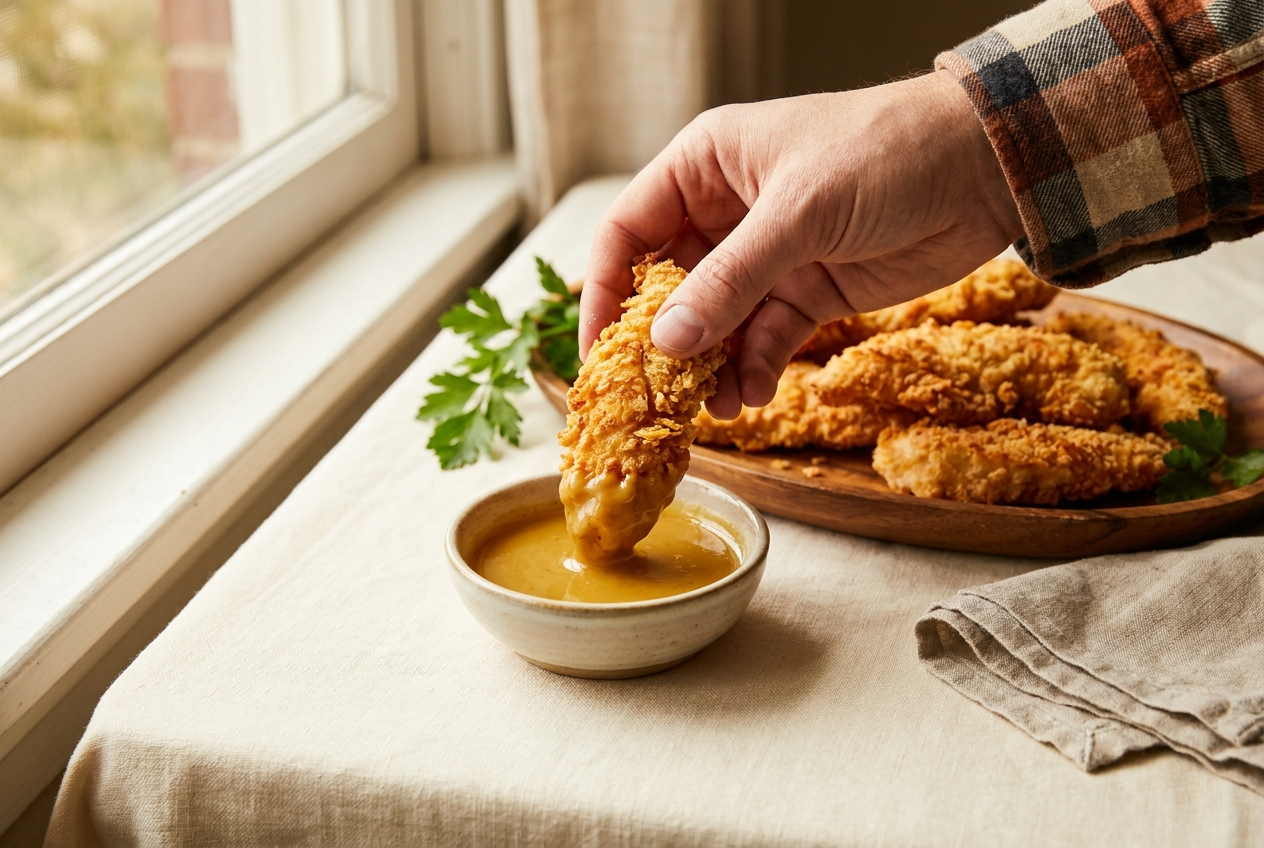 Dipping a crispy air fryer chicken tender into honey mustard sauce