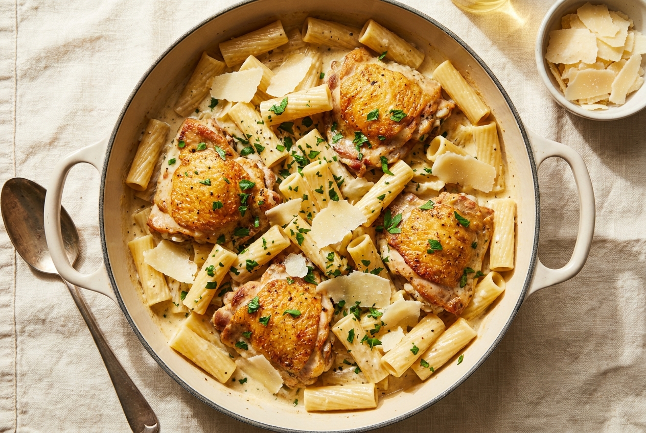 One-pot garlic parmesan chicken pasta in a wide braiser with golden seared chicken and creamy sauce