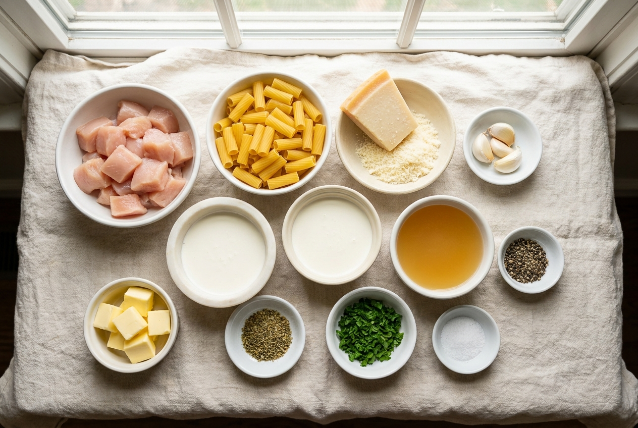 Ingredients for one-pot garlic parmesan chicken pasta portioned into small bowls