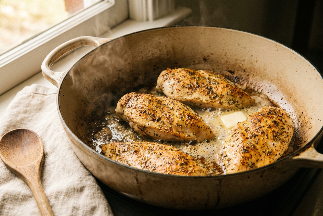 Seasoned chicken pieces searing golden brown in butter for garlic parmesan pasta