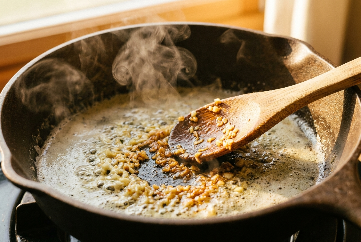 Minced garlic blooming in melted butter, scraping up browned bits
