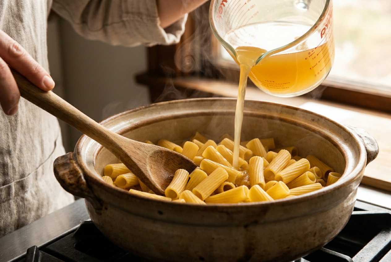 Dry rigatoni and chicken broth going into the pot