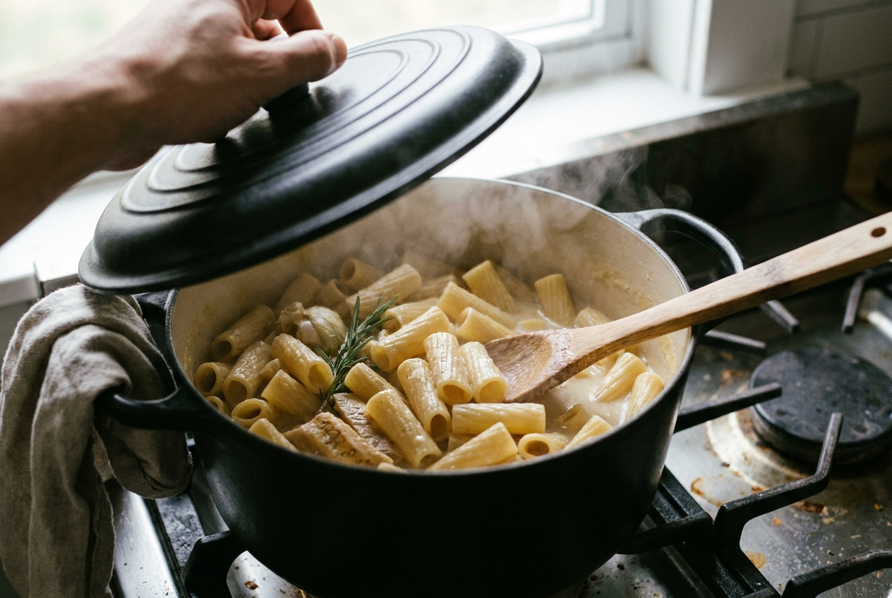 Rigatoni simmering in reduced starchy broth