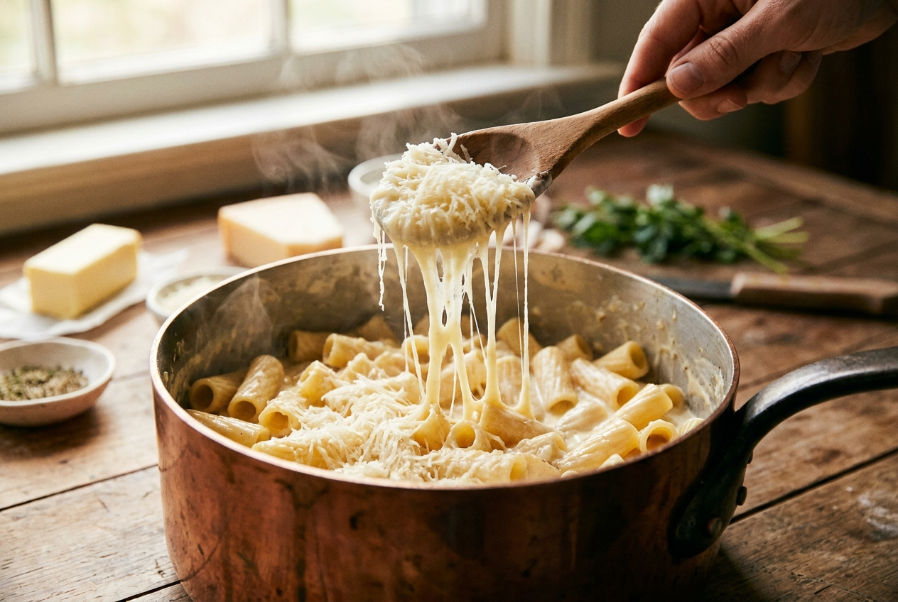Freshly grated parmesan melting into the cream sauce over rigatoni