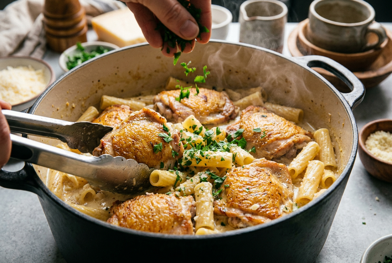 Golden seared chicken folded back into creamy garlic parmesan rigatoni