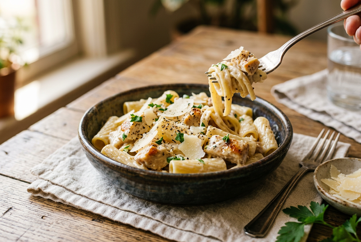 Bowl of creamy garlic parmesan chicken pasta topped with shaved parmesan and parsley