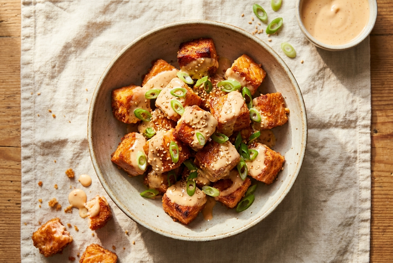 Air fryer bang bang salmon bites glossed in creamy bang bang sauce with scallions and sesame