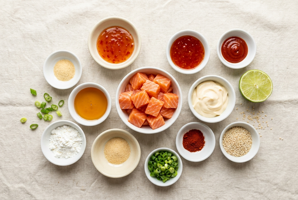 Ingredients for air fryer bang bang salmon bites portioned into small bowls
