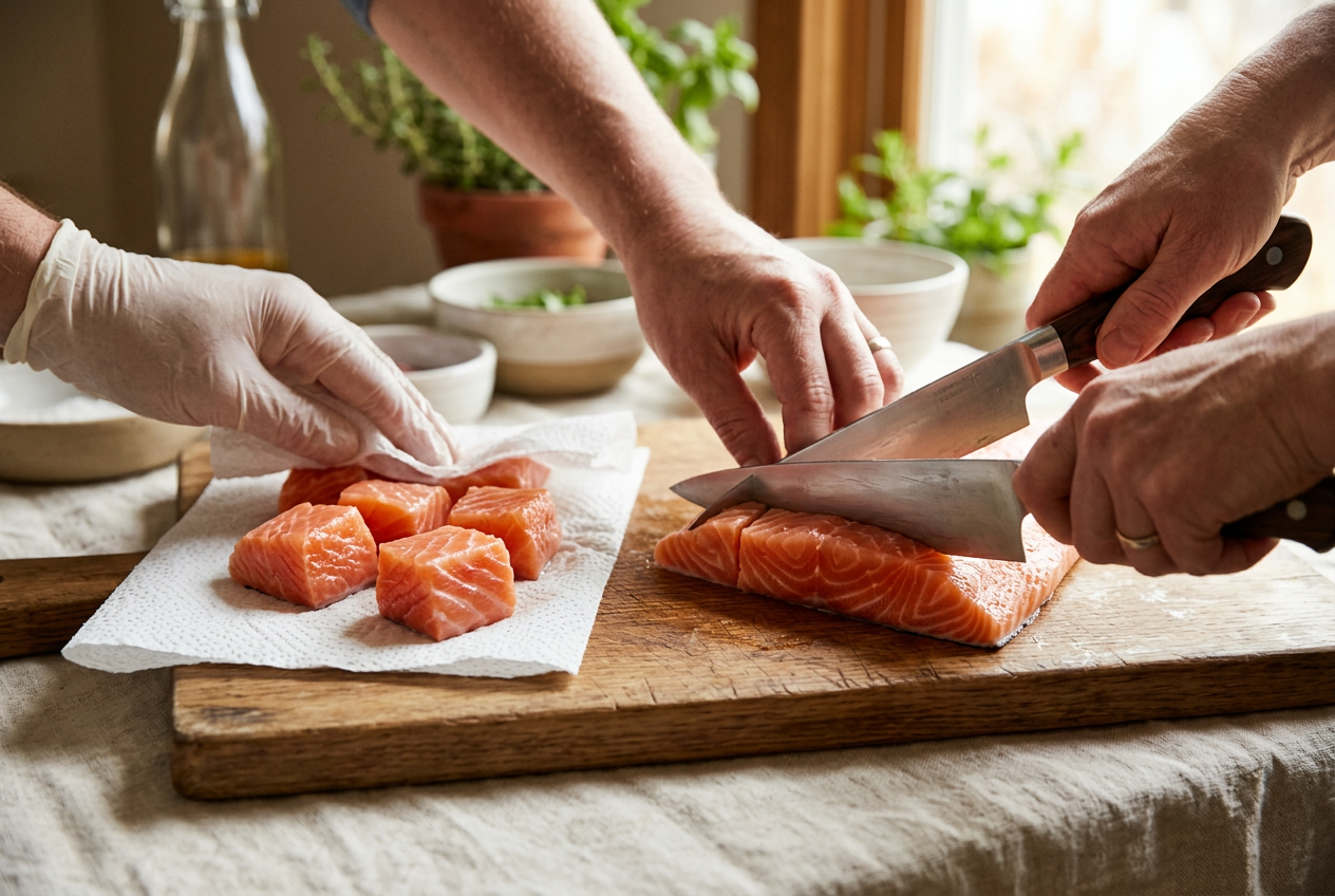Cutting fresh salmon into cubes and patting them dry