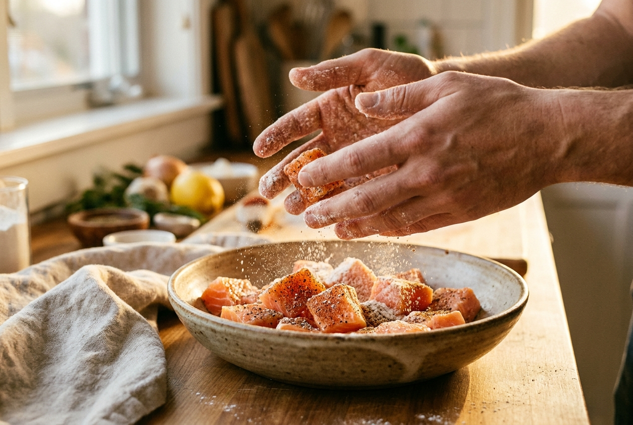 Salmon cubes tossed in seasoned cornstarch coating