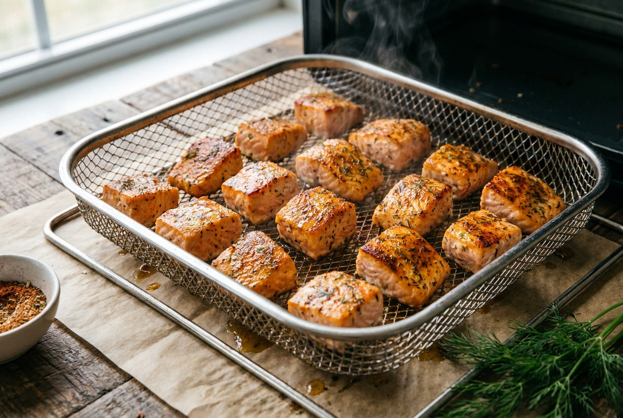 Salmon bites crisping in a single layer in the air fryer basket