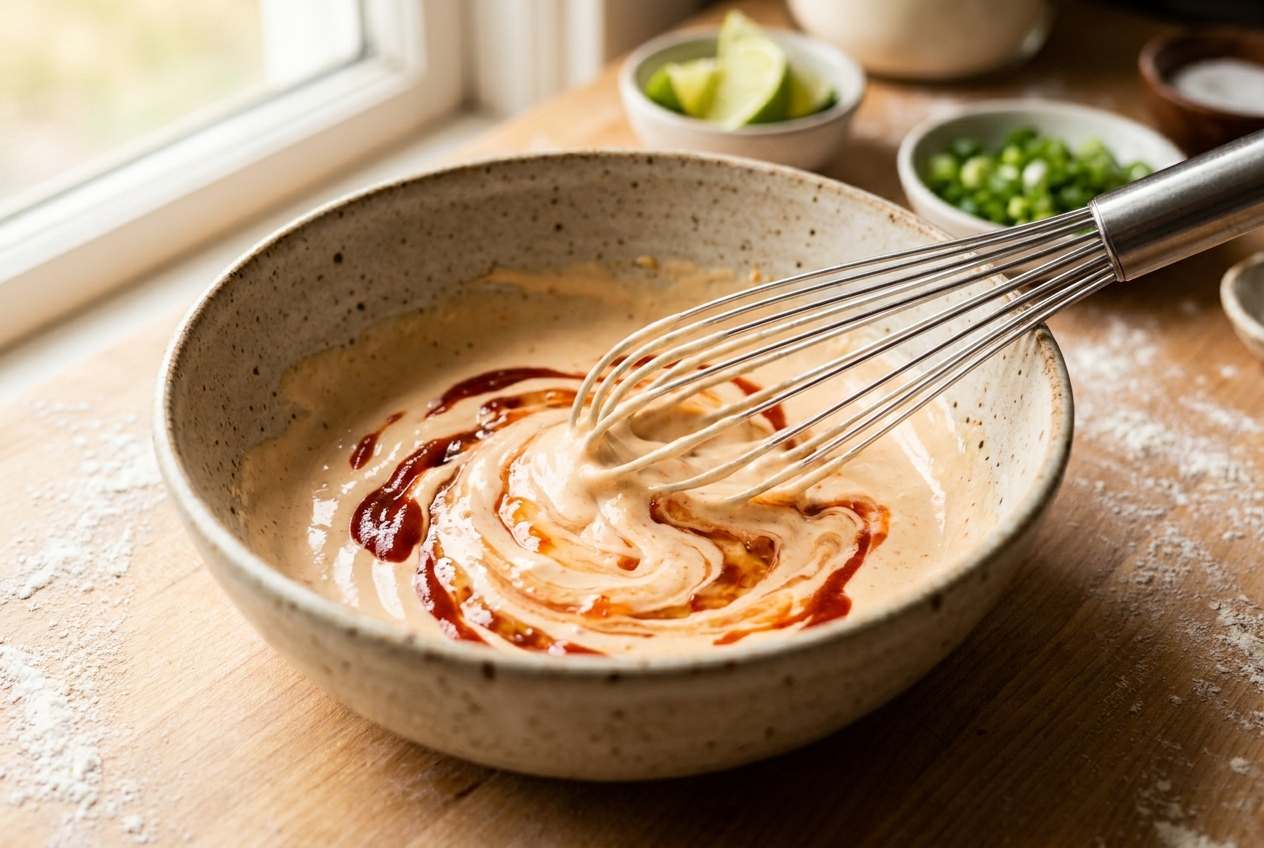 Whisking creamy bang bang sauce in a small bowl