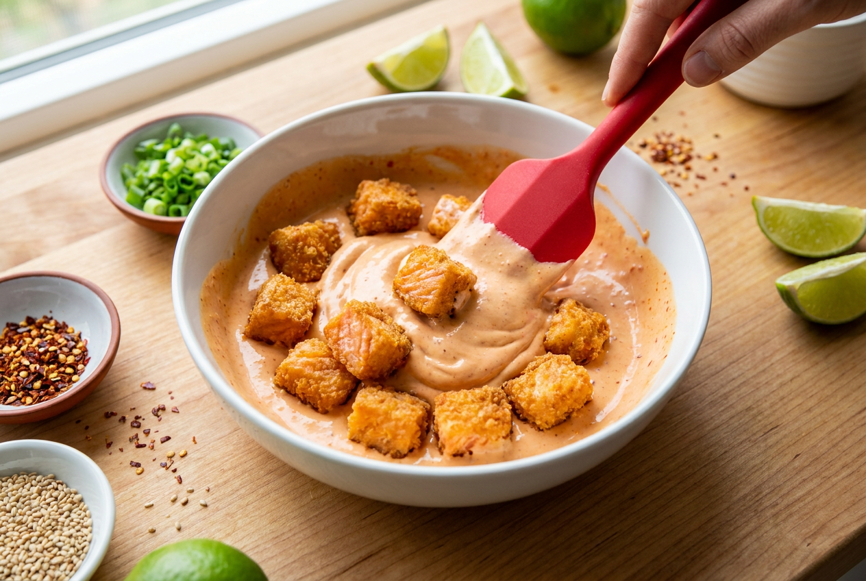 Folding crispy air fryer salmon bites into bang bang sauce