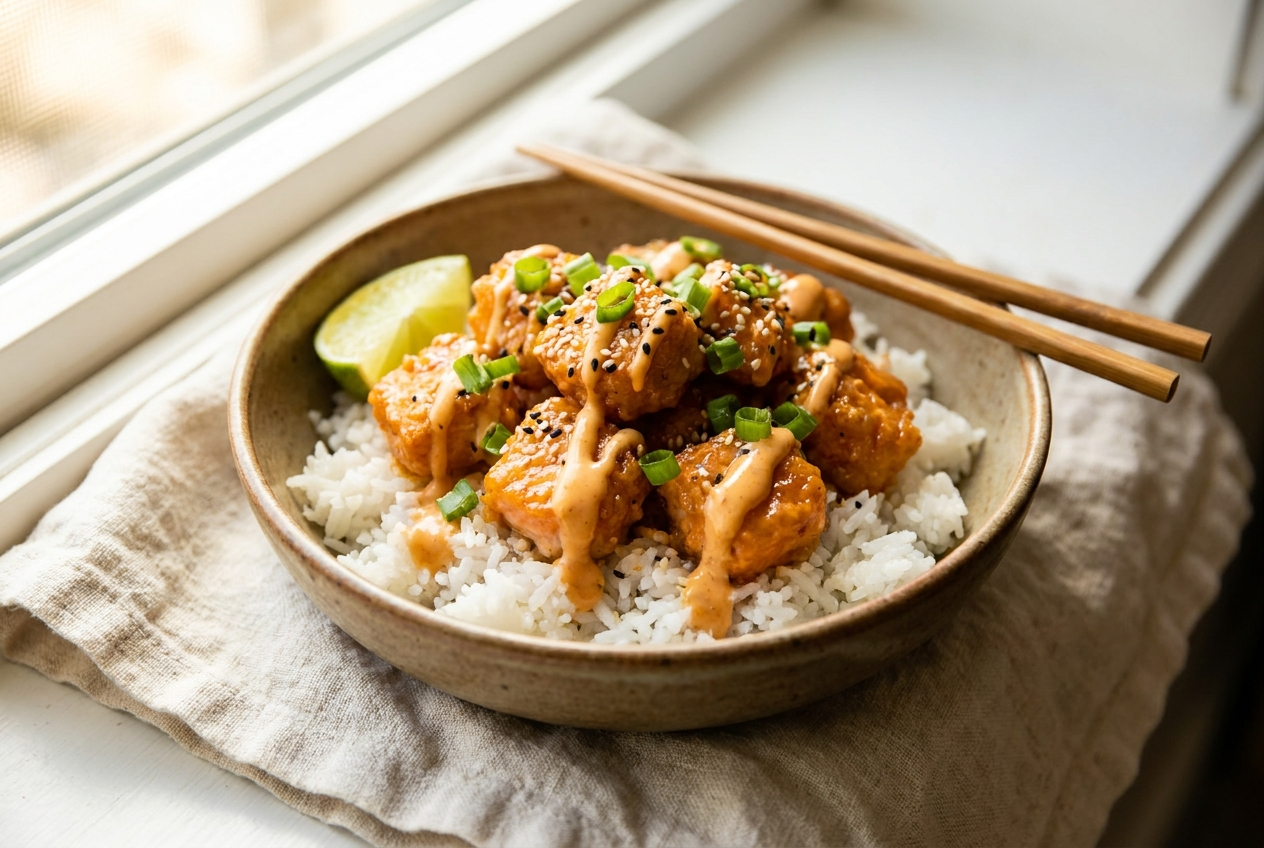 Bang bang salmon bites served over steamed rice with lime and scallions