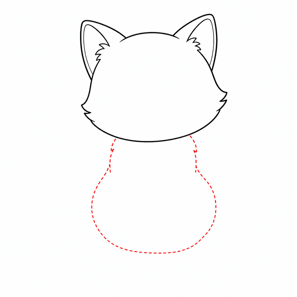 How to draw a cat step 3 — rounded oval body below the head
