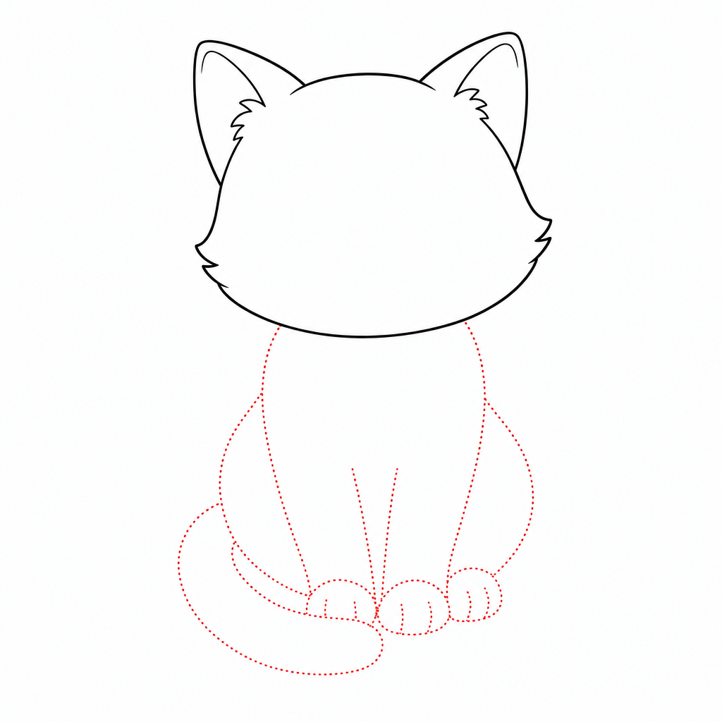 How to draw a cat step 4 — front paws, back leg and curved tail