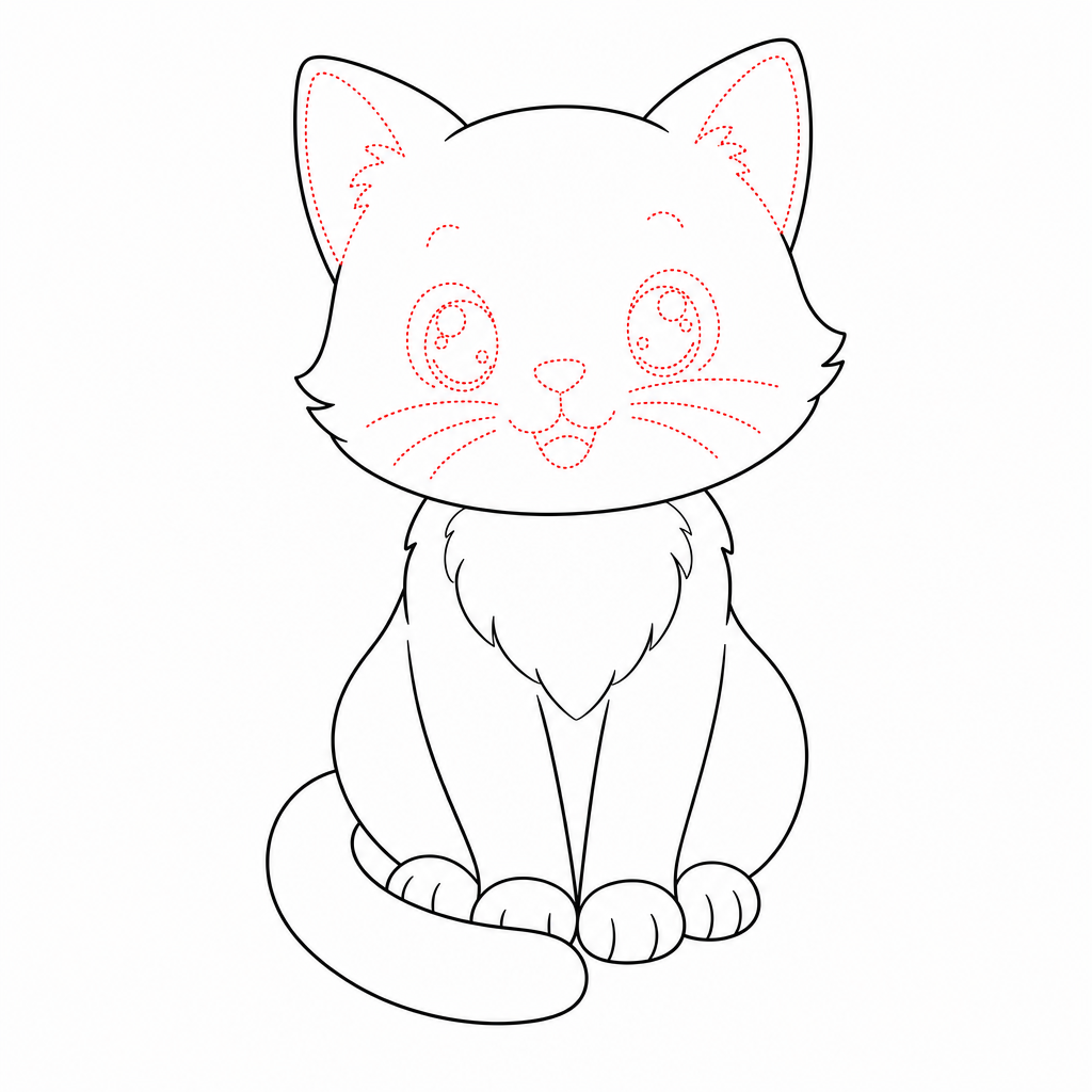 How to draw a cat step 5 — eyes, nose, mouth and whiskers