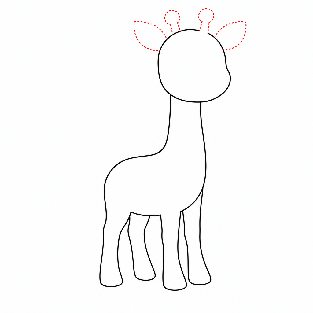 How to draw a giraffe step 3 — head with ears and ossicones added