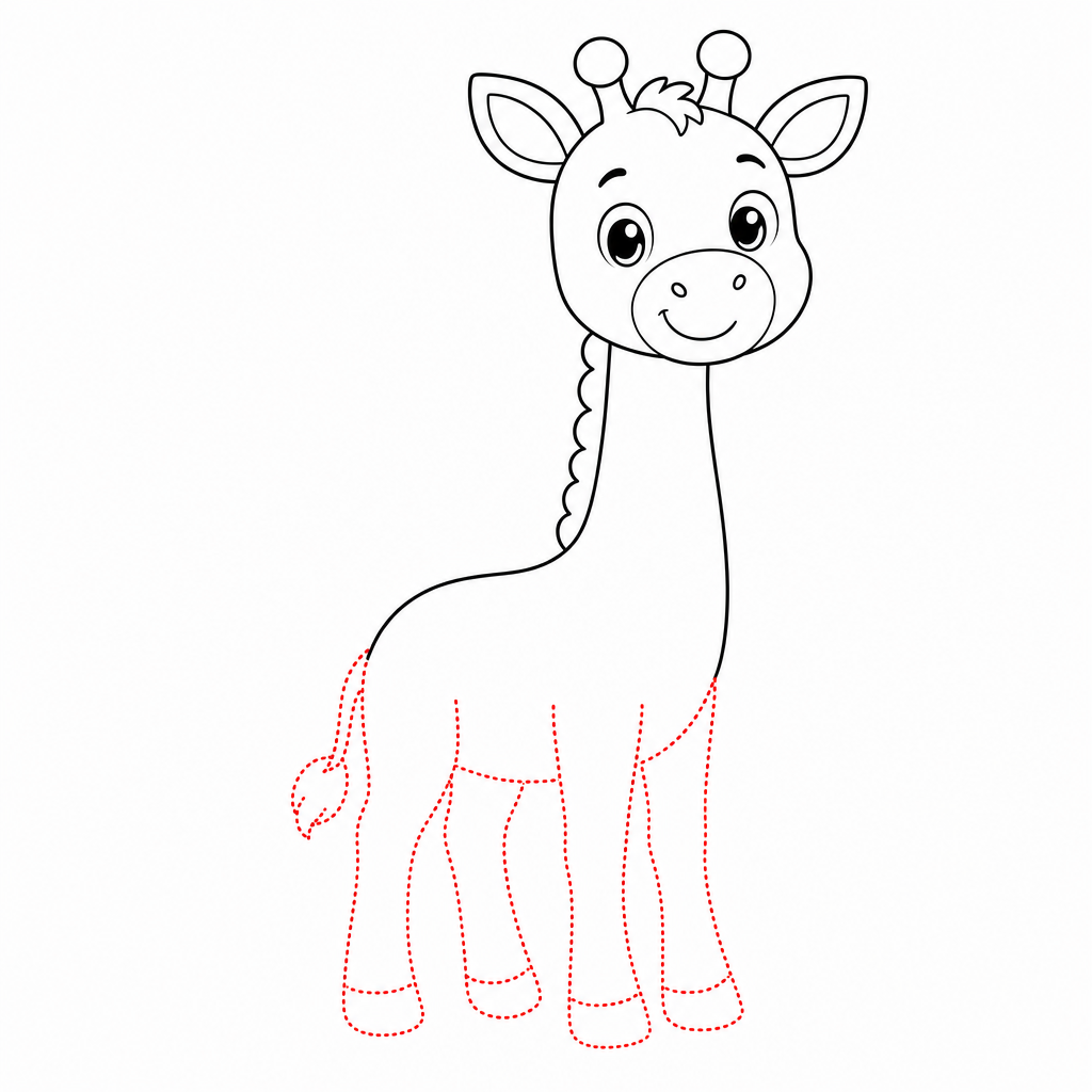 How to draw a giraffe step 4 — long legs and tufted tail added