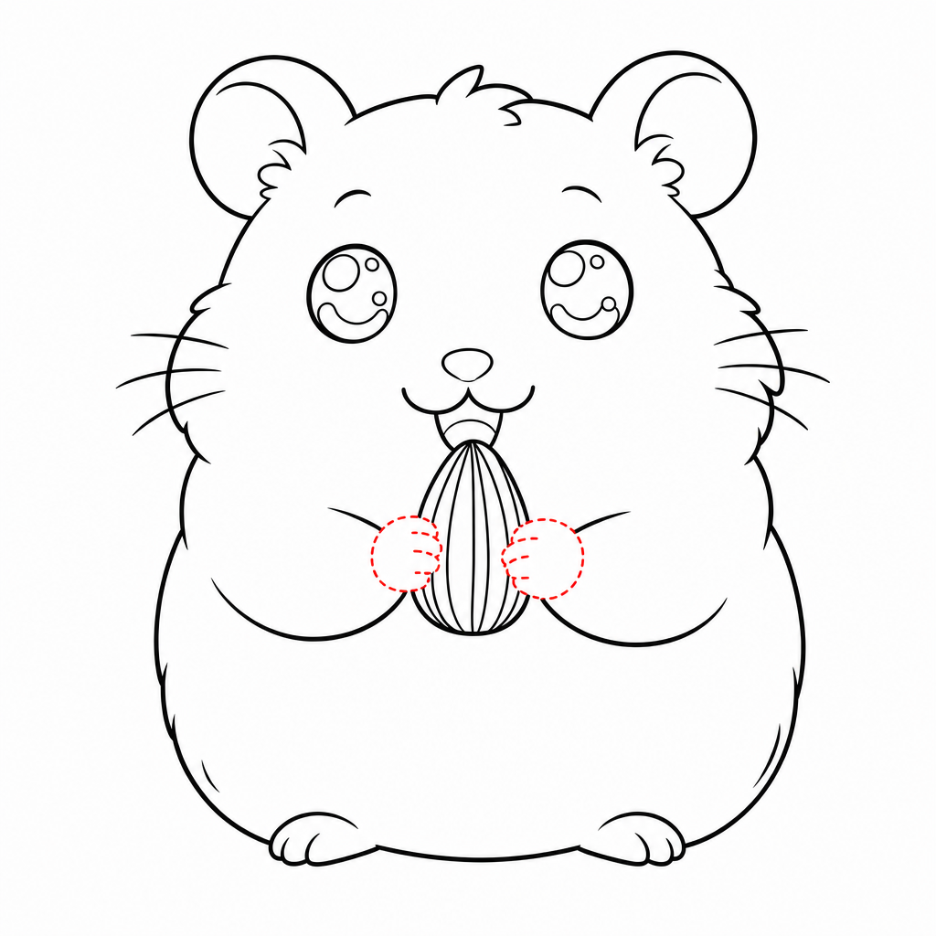 How to draw a hamster step 4 — tiny front paws holding a striped sunflower seed