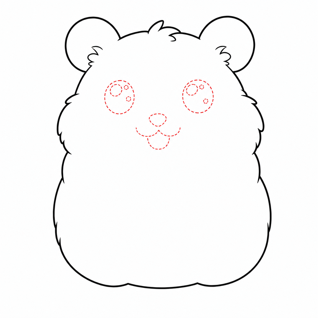 How to draw a hamster step 3 — big eyes, tiny nose and smiling mouth