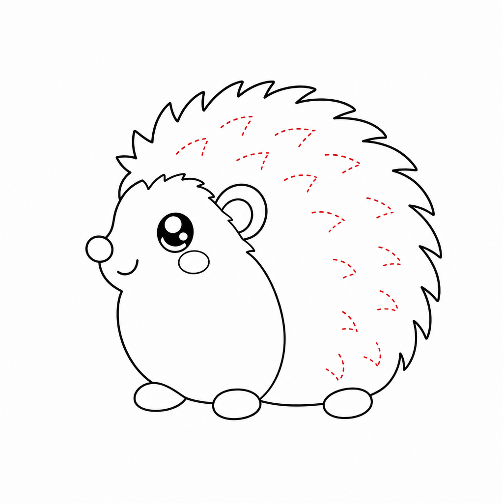 How to draw a hedgehog step 5 — stubby feet and quill strokes