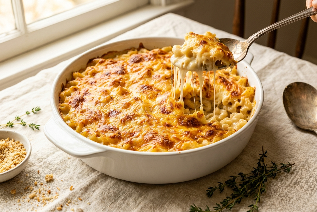Baked mac and cheese in a white ceramic dish with golden bubbly cheese crust and creamy cheese pull