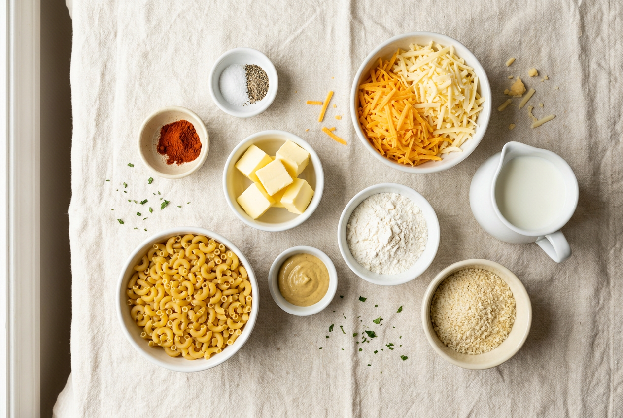Ingredients for baked mac and cheese portioned into small bowls: elbow macaroni, shredded cheddar, gruyere, butter, flour, milk, dijon, smoked paprika, and panko