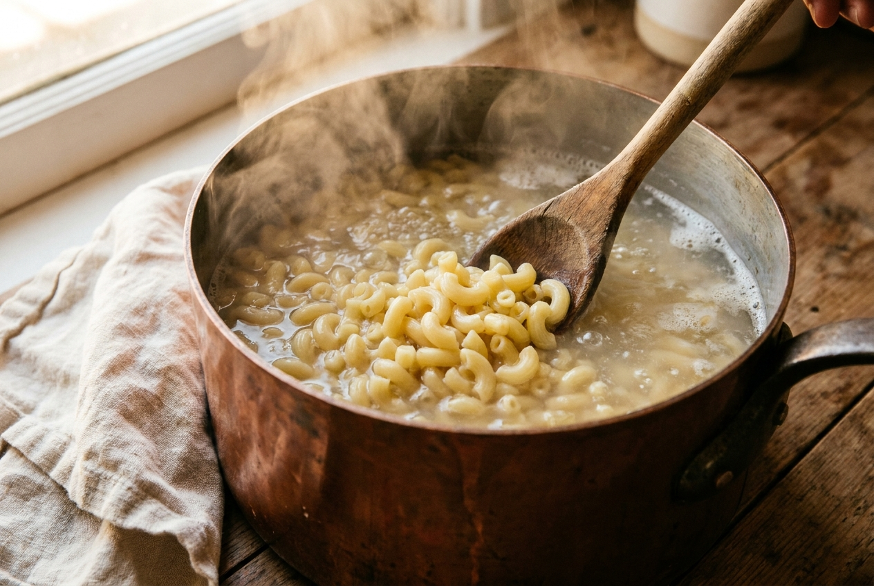 Elbow macaroni boiling in a large pot of salted water