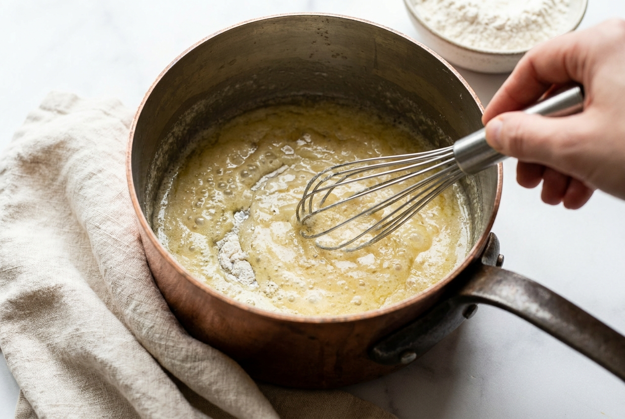 Butter and flour whisked into a pale golden roux in a saucepan