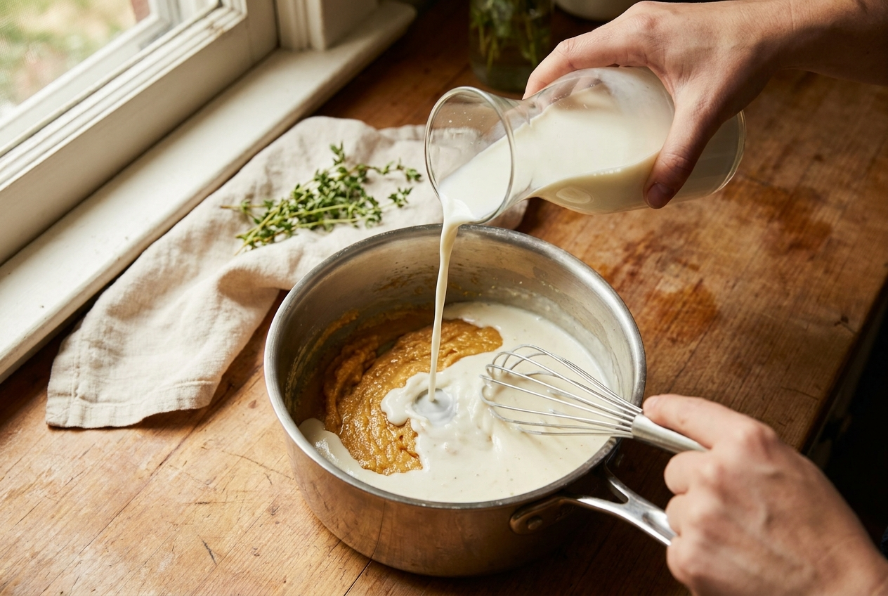 Milk being whisked into the roux to make a smooth creamy white sauce