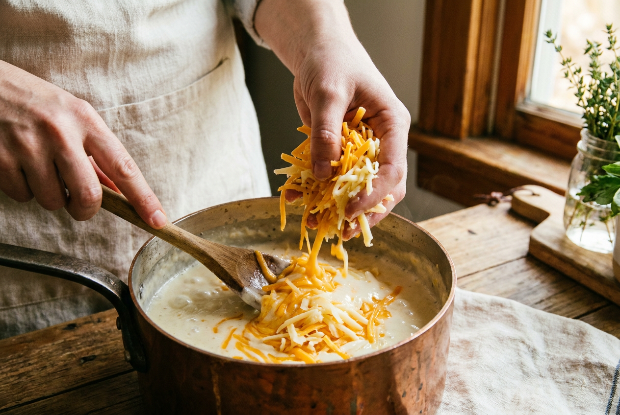 Shredded cheddar and gruyere melting into the cream sauce