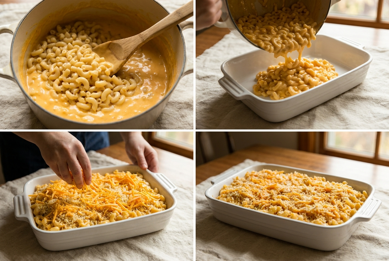Macaroni and cheese sauce in a baking dish topped with shredded cheese and panko breadcrumbs