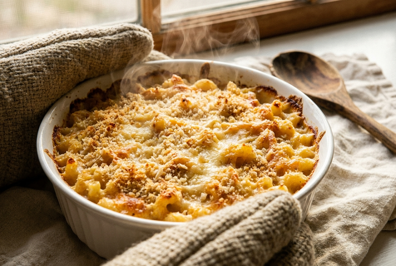Baked mac and cheese fresh out of the oven with a golden bubbly crust