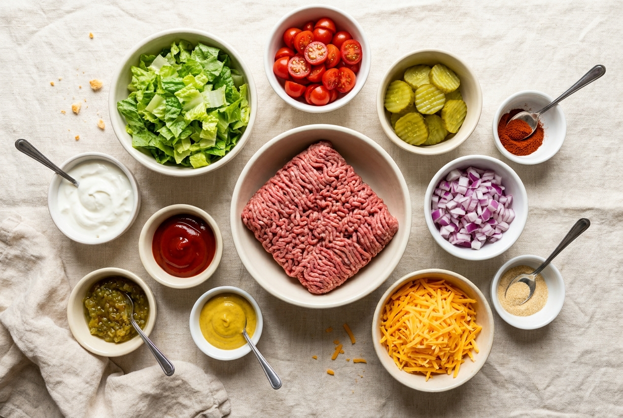 Ingredients for cheeseburger bowls portioned into small bowls: ground beef, romaine, cherry tomatoes, pickles, red onion, cheddar, greek yogurt, ketchup, mustard and relish